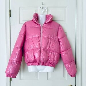 Shiny Cropped Puffer Jacket with Stand Collar Zip Front Pink Size Large